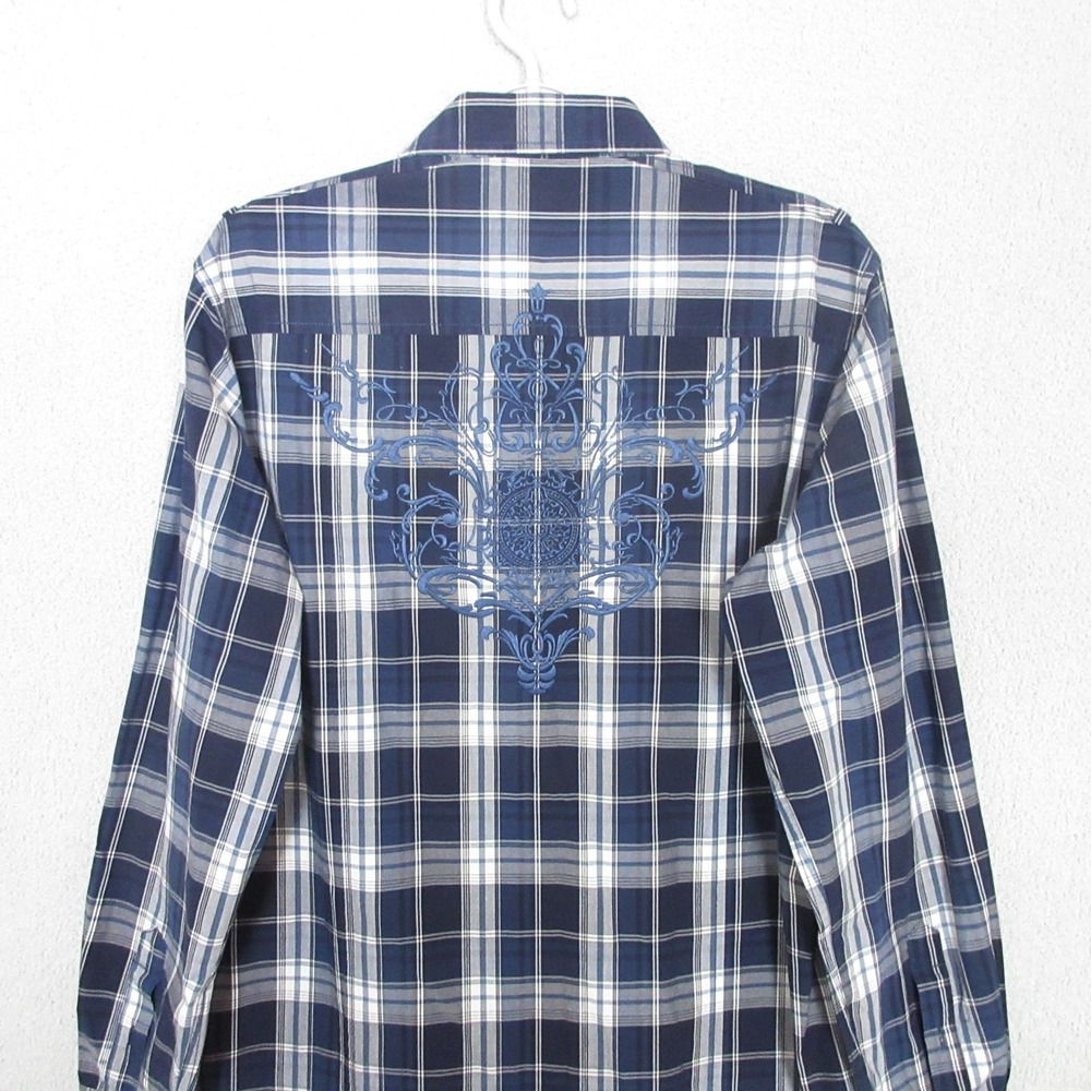 7 Diamonds Shirt Mens L Blue Plaid‎ Long Sleeve Button Up Embroidered Back Panel